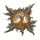 Yggdrasil tree with Odin underneath who hanged himself on it, runes and Freya tattoo design idea