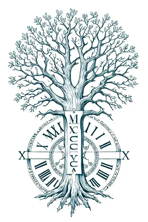 "MCMXCVIII " "MCMXCVIII " Oak tree with roman numerals witha orthodox cross tattoo design idea