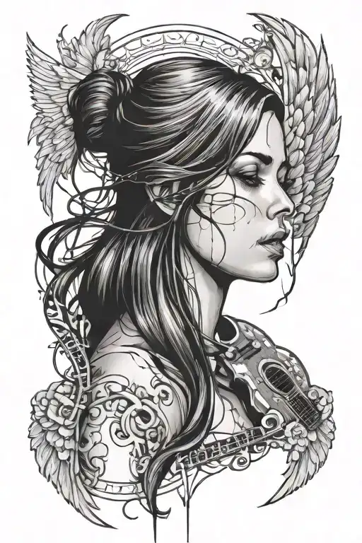 Brown hair girl crying listen music,guitar, treble clef and wings tattoo design idea