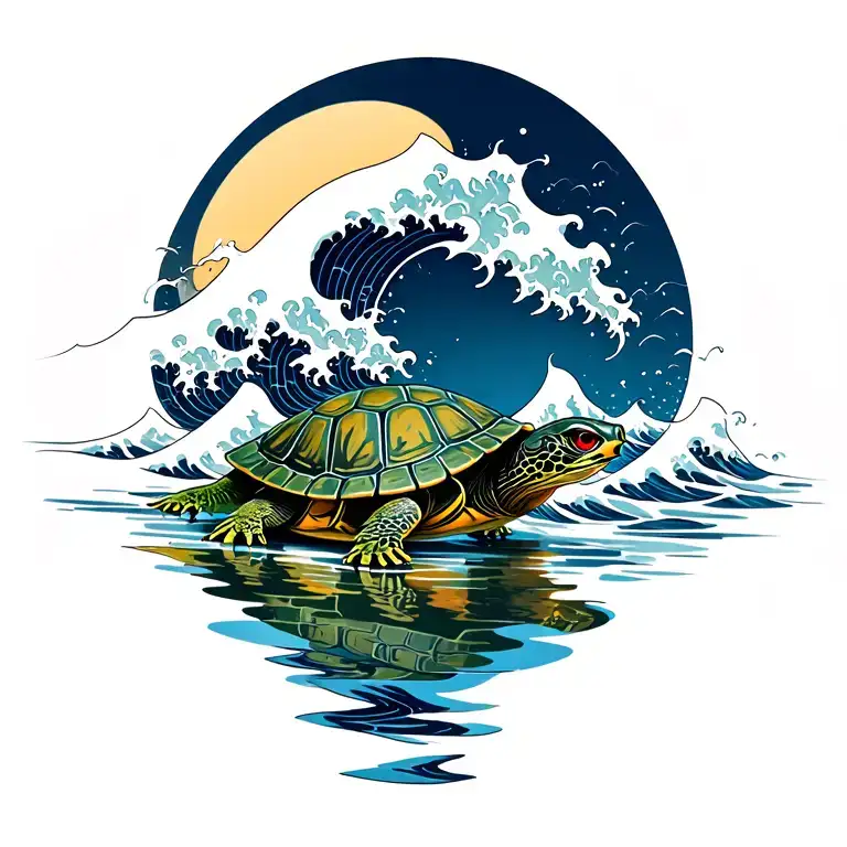 A japanese wave design with a red eared slider  turtle on it  tattoo design idea