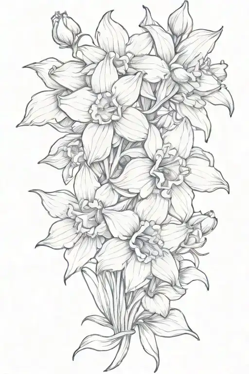 daffodil, primrose, larkspur flowers intertwined tattoo design idea