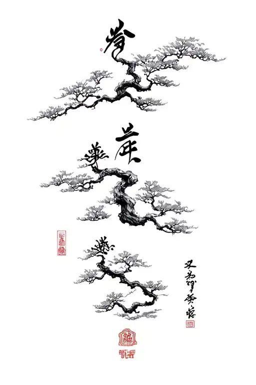 Chinese character tattoos, bonsai trees, Chinese antiques tattoo design idea