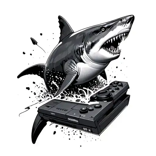 A turbocharged shark bursting through a gaming console tattoo design idea