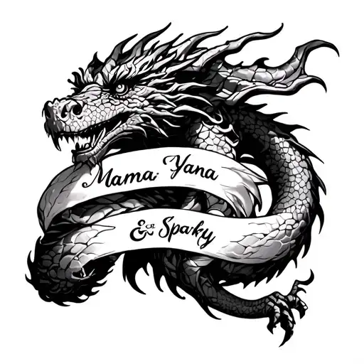 A dragon wrapped around arm with the names "Mama, Yana and Sparky" written in it. tattoo design idea