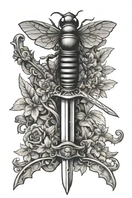 sword with a bee and key in the hilt tattoo design idea