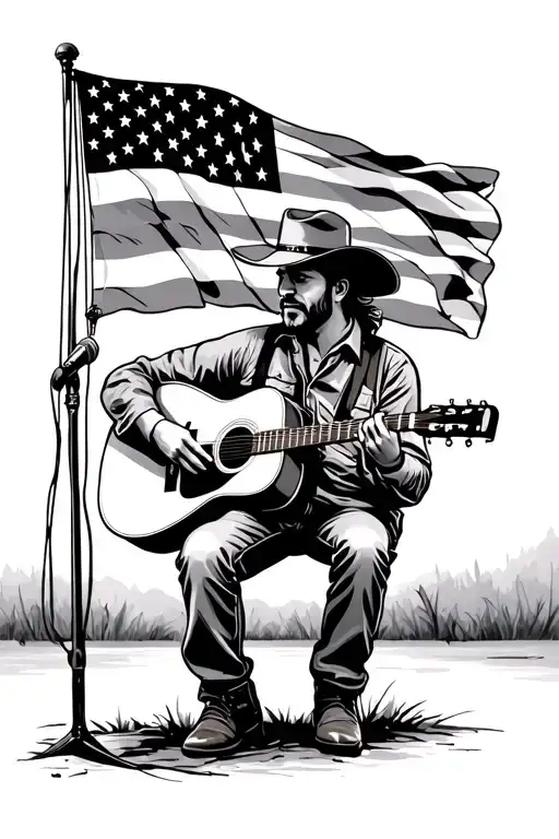 cowboy playing guitar, Nashville, American flag, Ryman auditorium, country music tattoo design idea