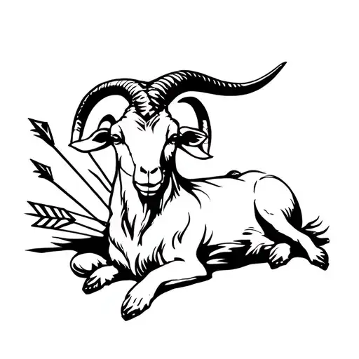 3 headed goat with big horns laying down relaxing with arrows in its back tattoo design idea