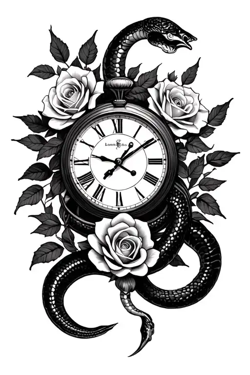 scorpio and rose and snake and clock surrounded tattoo design idea