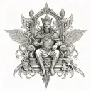 king of kings with sword sitting on throne of heaven surrounded by armies of angels and background of fire in 3d effect tattoo design idea