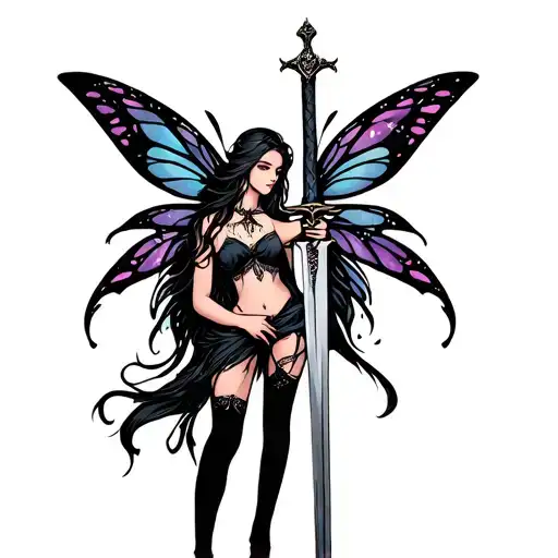 gothic fairy holding a sword tattoo design idea