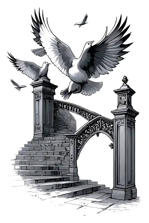 staircase to heaven gates doves flying tattoo design idea
