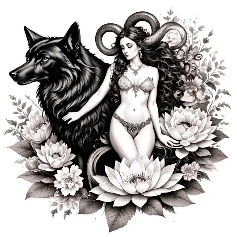 Aries sexy goddess surrounded by poeny and lotus flowers and black wolf  tattoo design idea
