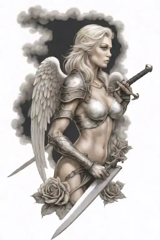 A Sexy Blond Female Angel As A Warrior With a big sword and Some Clouds and A Rose  tattoo design idea