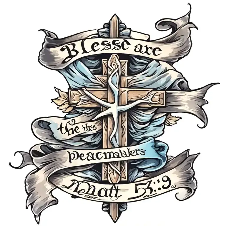 Cross with ""Blessed are the peacemakers" written on a draped blue sash.  Mat 5:9 written underneath tattoo design idea