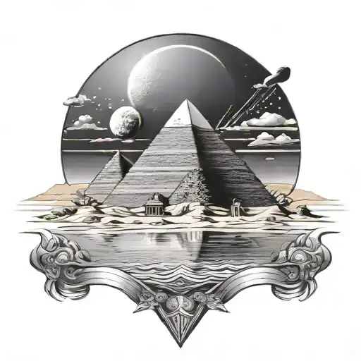 large ancient egypt pyramid moon desert river tattoo design idea