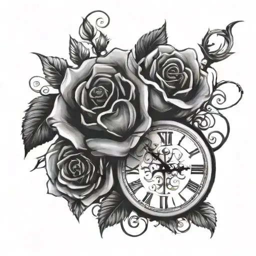 clock as a rose wrapped in vines with a cross tattoo design idea
