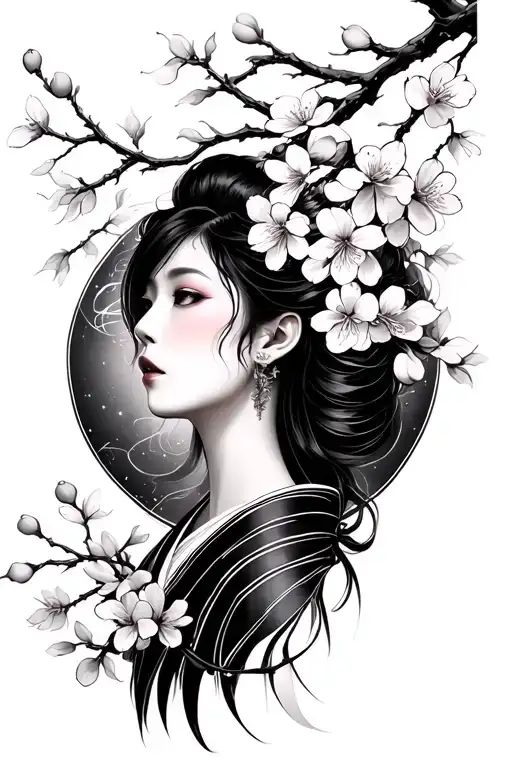 japanese Woman Dark sorrounded by cherry blossom Dark background tattoo design idea