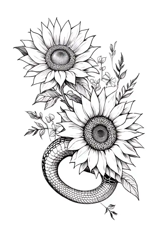 Floral with Lirios and Sunflower with Cobra tattoo design idea