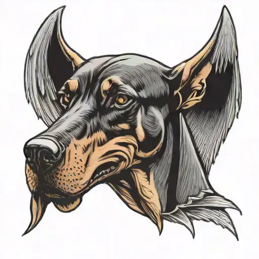angry doberman dog with bat wings tattoo design idea