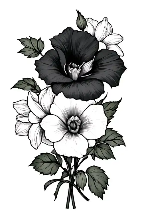 morning glory, rose, daffodil bouquet tattoo design idea