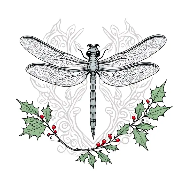 celtic dragonfly with holly leaves tattoo design idea