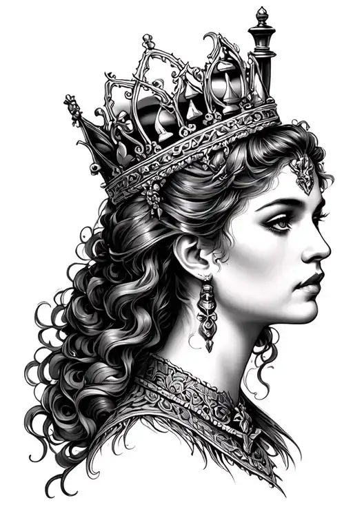 beautiful chess queen female headshot gothic medevial tattoo design idea