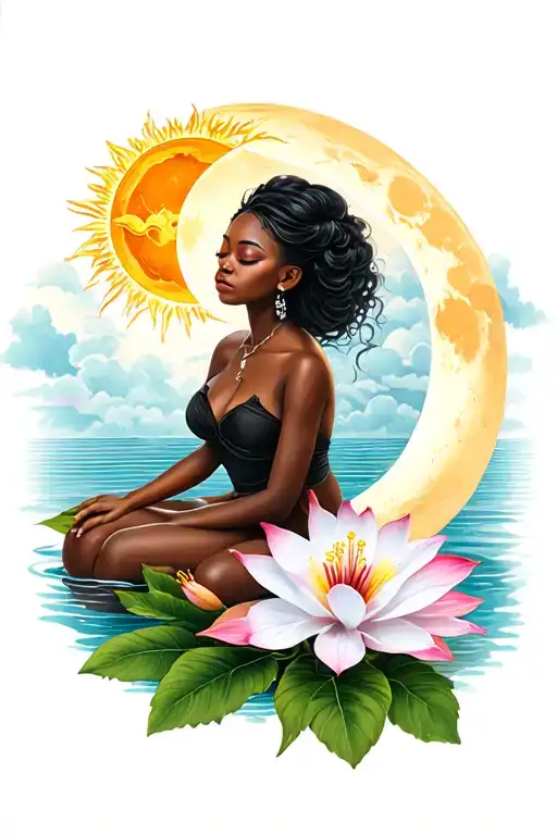 Lotus, White/ Pink Lily, Hibiscus, moon that is crying  , black women siting in moon , sun with eyes closed tattoo design idea