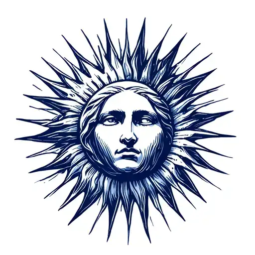 the sun from the Uruguayan flag with the face and the Greek meander in the inside in between the face and the flames tattoo design idea