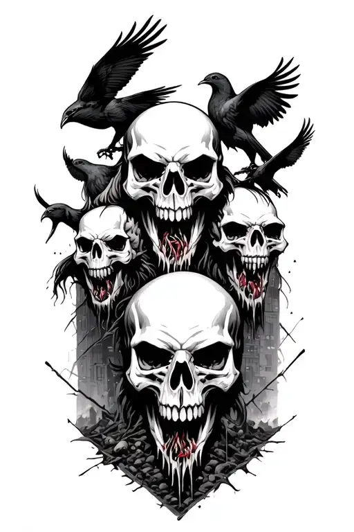four Horsemen of the apocalypse skulls, dark birds, eating flesh background of a fallen and destroyed city tattoo design idea