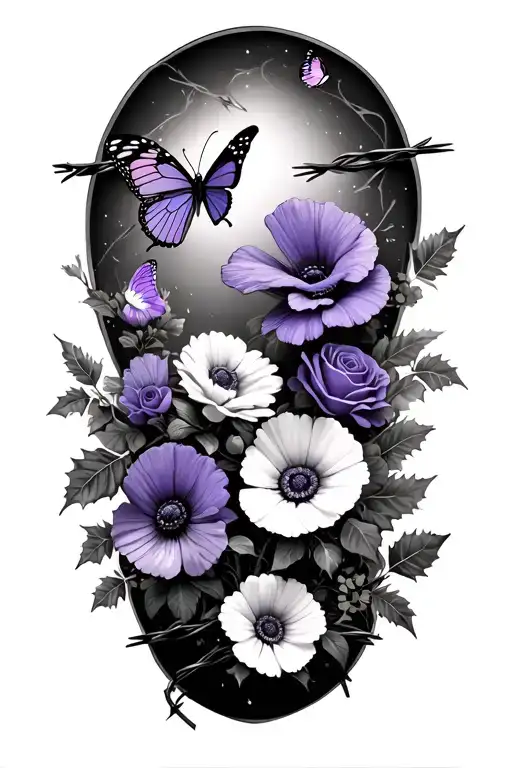 barbed wire with violet flowers, daisies, roses, poppies, morning glory flowers, and holly flowers, with 5 butterflies  tattoo design idea