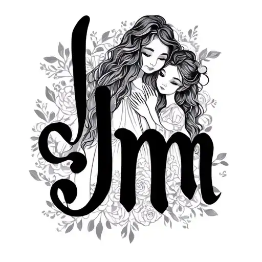 mother, 2 daughters, j and m written in calligraphy tattoo design idea