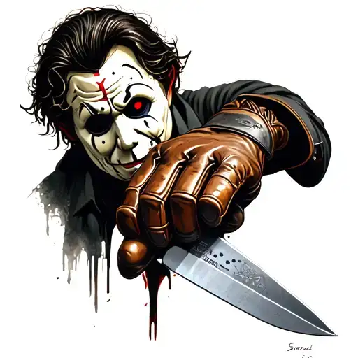 freddy kruger glove holding michael myers knife tattoo design idea