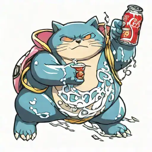 snorlax and majin buu fusion drinking a Coca Cola  tattoo design idea