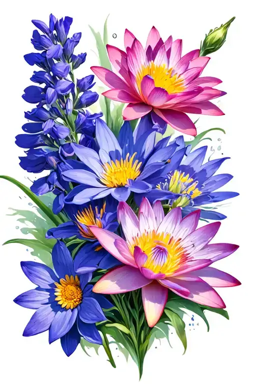 daisy, larkspur, water lily, and a gladiolous flowers tattoo design idea