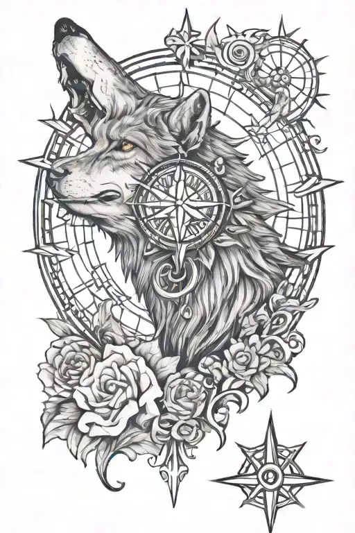 Wolf Compass Flower Moon Skeleton Chocolate star tattoo design idea