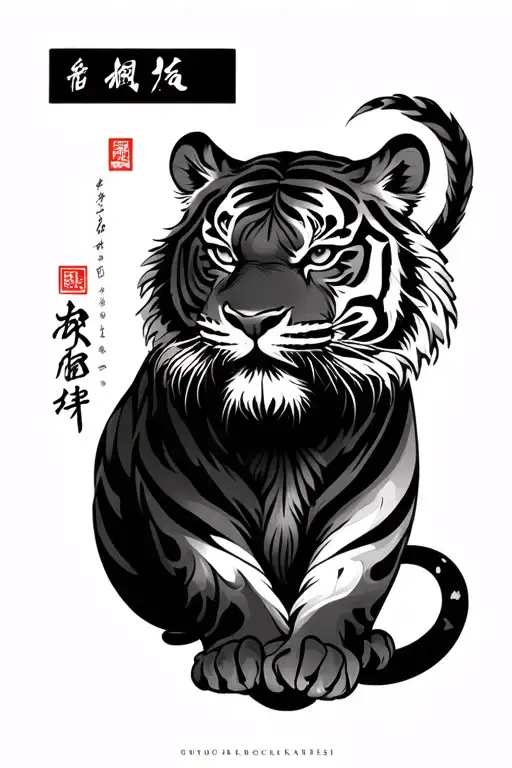 tiger and Chinese writing on forearm half sleeve tattoo design idea
