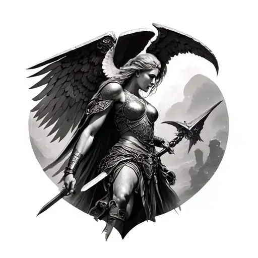 create a hyper realistic tattoo of a valkyrie coming to take the soul of a fallen soldier to valhalla. tattoo design idea