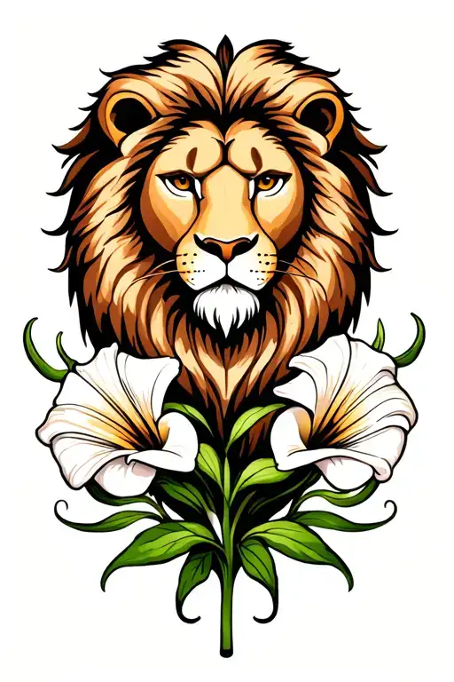 lion with a calla lily and Virgo sign intertwined tattoo design idea