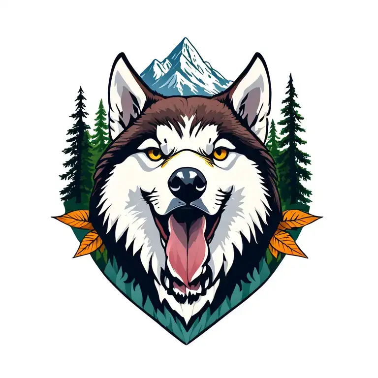 mountain, Forest, eagle & husky tattoo design idea