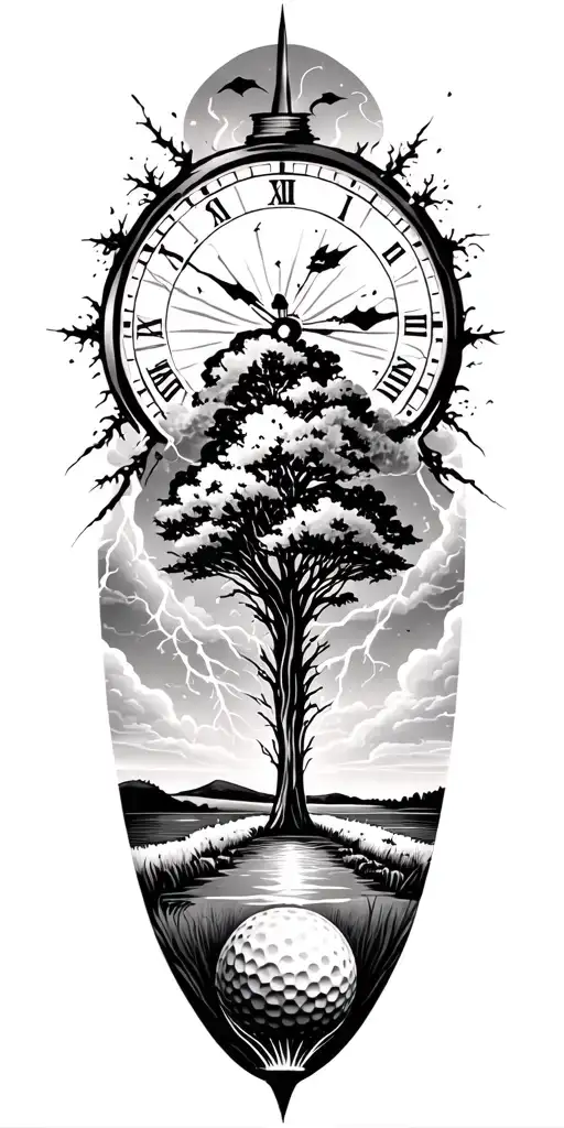 lightining storm and time and nature and golf course tattoo design idea