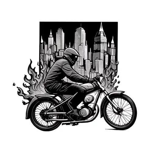 someone riding a bike while leaving s burning city tattoo design idea