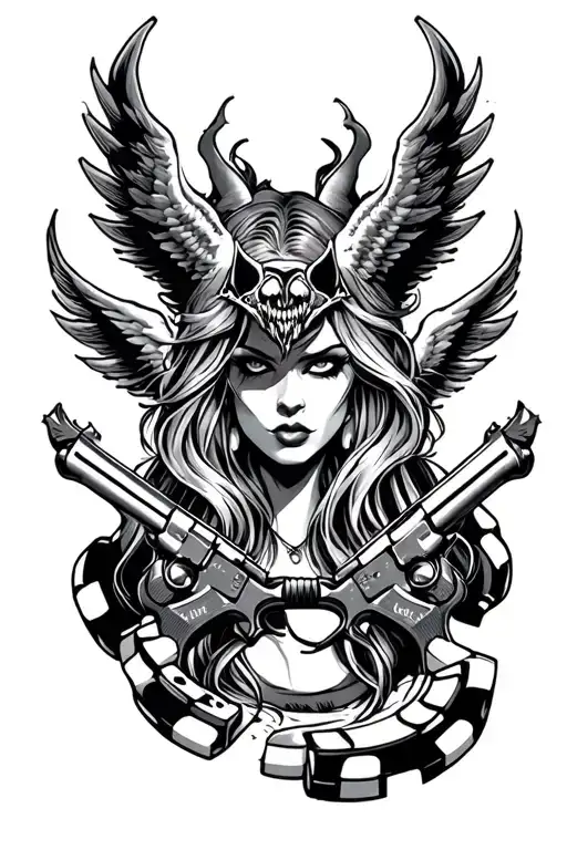 demonic / angle female guns,smoke casino chip tattoo design idea