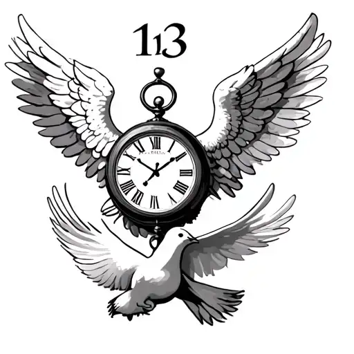 memorial tattoo featuring a Guardian angel, clock face depicting 10:20am, the number 13 and white doves tattoo design idea