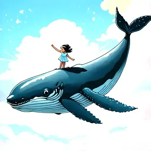 A huge whale is flying in the sky. Its body is dark blue and its tail is gently swinging, as if it is swimming in the air. A little girl in light-colored clothes is standing on the back of the whale. She opens her arms and seems to be enjoying this wonderful flying experience. The background is a blue sky with bright sunshine and a few pink and white clouds surrounding the whale. tattoo design idea