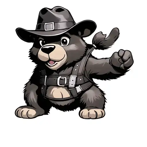 BooBoo cub from yogi bear wearing a leather harness, leather vest, leather gloves, leather hat and dog collar. tattoo design idea