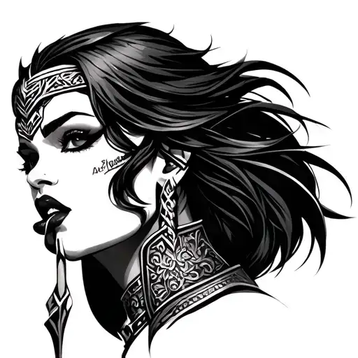 female warrior face shhing with finger on lip  tattoo design idea