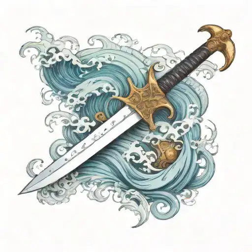 a sword cutting through turbulent waves to whatever end written in middle of the sword  tattoo design idea