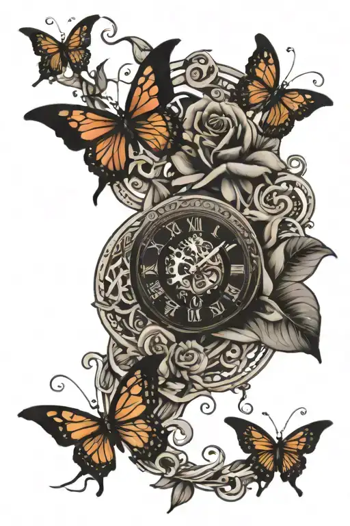African Tribal symbols intertwined with roses and butterfly clock   tattoo design idea