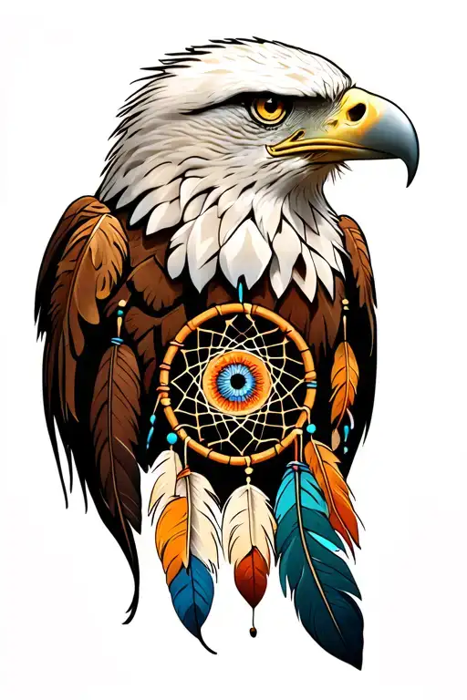 at the top of the arm there’s an eagle head, then right below that feathers with a dream catcher and an eye tattoo design idea
