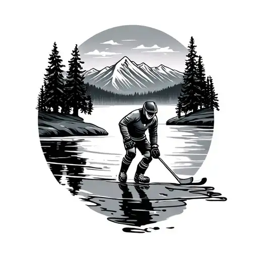 Pond Hockey, mountains, trees in the background tattoo design idea